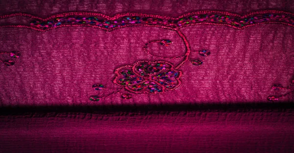 Silk Red Fabric Embellished Sequins Background Silk Satin Luxurious Texture —  Fotos de Stock