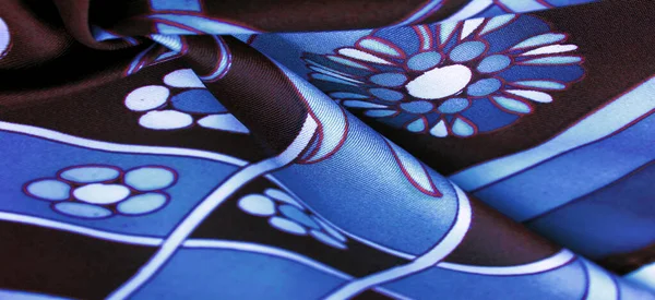 Tecido Marrom Azul Com Uma Impressão Flores Brancas Linhas Geométricas — Fotografia de Stock