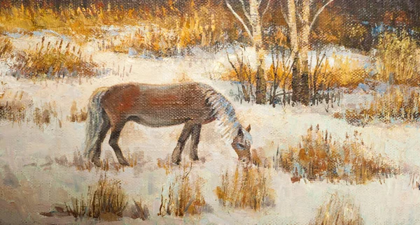 Painting Artist Canvas Winter Scene Horse Graze Outskirts City Images — Zdjęcie stockowe
