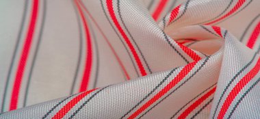 Beyaz ipek kumaş, kırmızı ve gri çizgili, dar çizgili. Çizgi, çizgi. Doku arka planı. Şablon