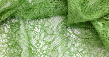 Beyaz arka planda yeşil dantel kumaş. Süslü Afrika polyester ve tüllü dantel kumaş. Tasarımın için çiçekler. Doku. Geçmişi. Şablon