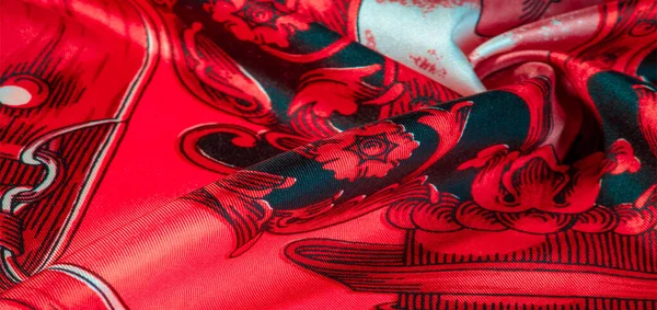Красная Шелковая Ткань Готическим Узором Богатый Шелк Готических Отпечатков Богатых — стоковое фото
