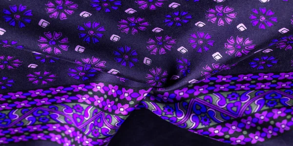 Tecido Seda Cor Azul Escuro Com Flores Azuis Roxas Tecido — Fotografia de Stock