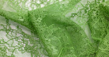 Beyaz arka planda yeşil dantel kumaş. Süslü Afrika polyester ve tüllü dantel kumaş. Tasarımın için çiçekler. Doku. Geçmişi. Şablon