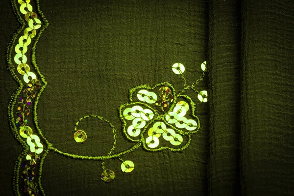 Silk Green Fabric Embellished Sequins Background Silk Satin Luxurious Texture — Stock Fotó