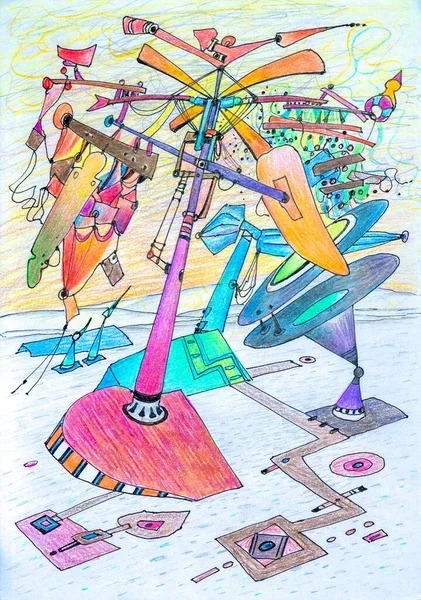 Abstraction Colored Pencils Fantastic Drawings Magic Geometric Shapes Fairy Tale — Foto Stock