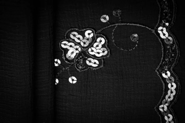 Черный Шелк Ткань Украшена Блестками Фон Шелк Атлас Роскошная Текстура — стоковое фото