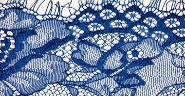 Beyaz arka planda mavi dantel kumaş. Süslü Afrika tüllü dantel kumaş polyester. Tasarımın için uzun boylu çiçekler. Doku. Geçmişi. Desen