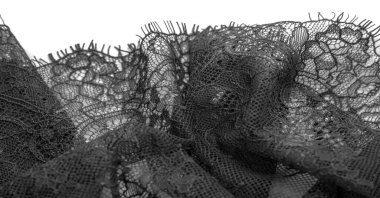 Beyaz arka planda siyah dantel kumaş. Süslü Afrika polyester ve tüllü dantel kumaş. Tasarımın için çiçekler. Doku. Geçmişi. Şablon