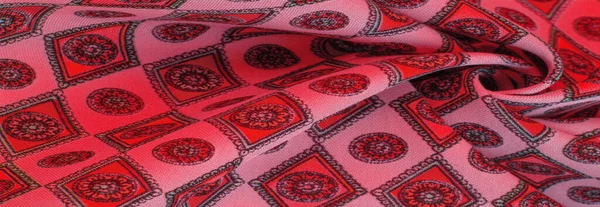 Silk Fabric Soft Red Color Print Rhombuses Squares Medals Tell — Stock Photo, Image