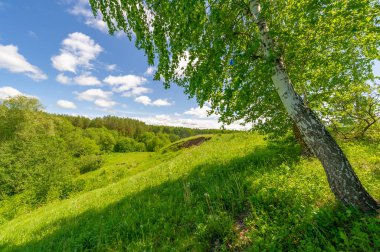 Spring photography, meadows, fields ravines, hills, rural landscape. A deep, narrow gorge with steep slopes. A naturally raised area of land, not as high or craggy as a mountain.
