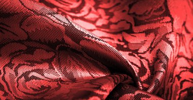 Çiçek desenli kırmızı ipek kumaş, güzel görünüş, eşsiz parlaklık kabartmalı desen, bileşik tekstil. rahatlama deseni
