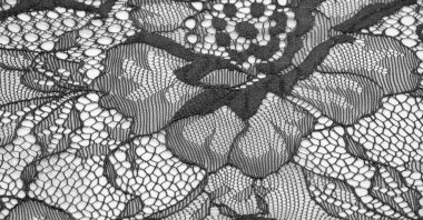 Beyaz arka planda siyah dantel kumaş. Süslü Afrika tüllü dantel kumaş polyester. Tasarımın için uzun boylu çiçekler. Doku. Geçmişi. Desen