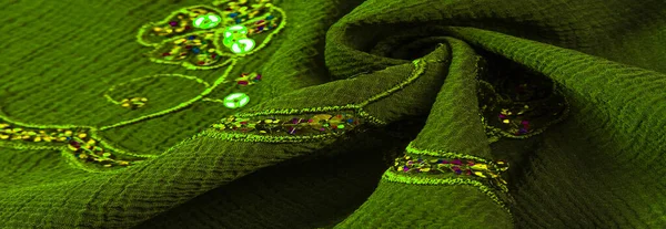 Silk Green Fabric Embellished Sequins Background Silk Satin Luxurious Texture — ストック写真