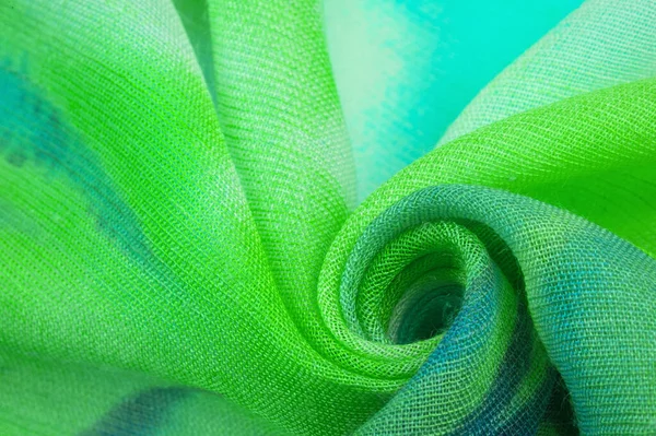 Tissu Soie Fleurs Vert Bleu Jaune Blanc Tulle Vert Poussiéreux — Photo