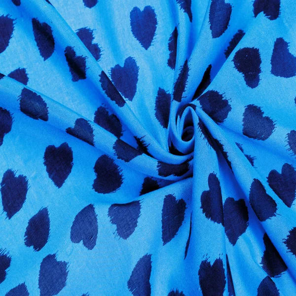 Tecido Seda Impressão Azul Corações Pretos Fundo Textura Padrão Cartão — Fotografia de Stock