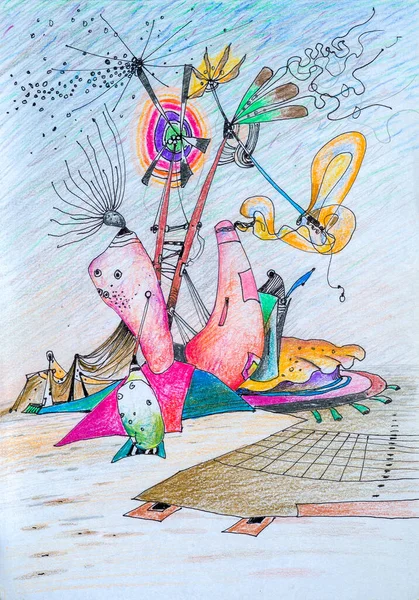 Abstraction Colored Pencils Fantastic Drawings Magic Geometric Shapes Fairy Tale — стоковое фото