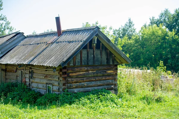 Old Wooden House Coniferous Log House Rising Sun Wind Frost —  Fotos de Stock