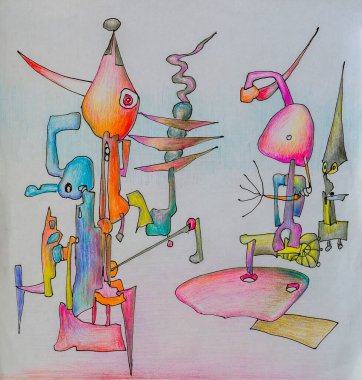 Painting. studio photography. Colored pencils are fantastic drawings. Fantastic exotic shapes - abstract geometric shapes. Surrealism. An invented planet. Drawing with pencils on paper.