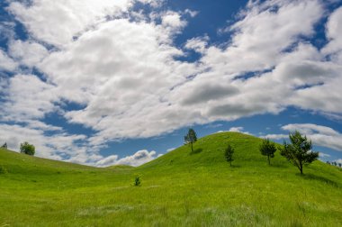 Spring photography, meadows, fields, ravines hills, rural landscape. A deep, narrow gorge with steep slopes. A naturally raised area of land, not as high or craggy as a mountain.