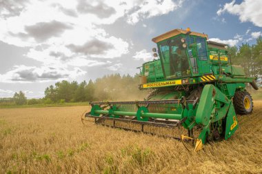 08/24/2009 Tatarstan Russia. Summer photo. Grain harvesting. The harvester is mowing wheat. Gold color palette.