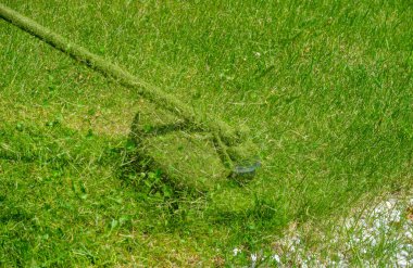 The process of mowing a lawn with a hand mower. A worker mows tall grass with an electric or gasoline trimmer in a city park or backyard. Garden care tools and equipment.