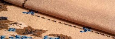 İpek Krep de Chin. Rengi bej, çiçekleri mavi. Pürüzle karakterize edilen ve aynı zamanda biraz kırışık olan bir ipek grubudur. Doku