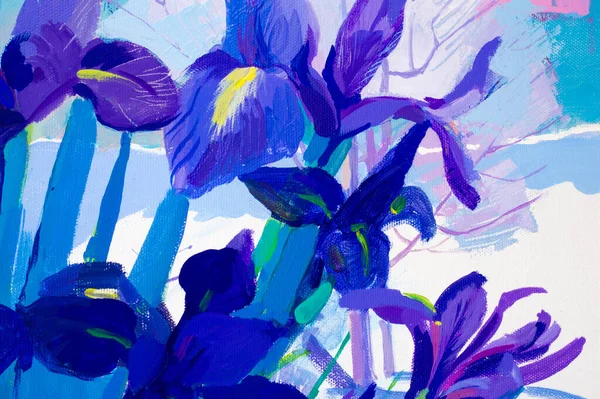 Painting Artist Canvas Still Life Beckett Irises Flowers Windowsill Choosing — Fotografia de Stock
