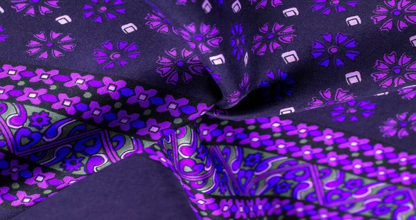 Silk Fabric Dark Blue Color Blue Purple Flowers Dense Fabric — Stock Photo, Image
