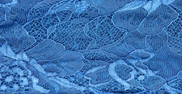 Синяя Кружевная Ткань Белом Фоне Причудливое Африканское Кружево Тюля Полиэстера — стоковое фото