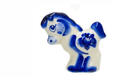 Horse figurine. ceramics porcelain. Flea market. Folk crafts Gzhel, Small size. Macro photography. isolated on white background