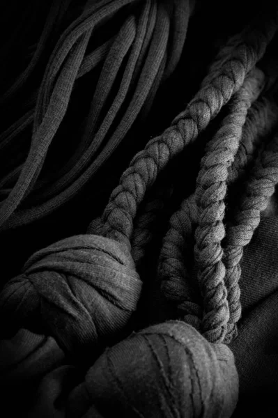 Fabric Black Braids Knitted Knitted Background Embossed Pattern Braids Knitting — Fotografia de Stock