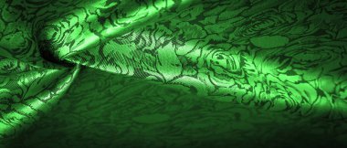 Çiçek desenli yeşil ipek kumaş, güzel görünüş, eşsiz parlaklık kabartmalı desen, bileşik tekstil