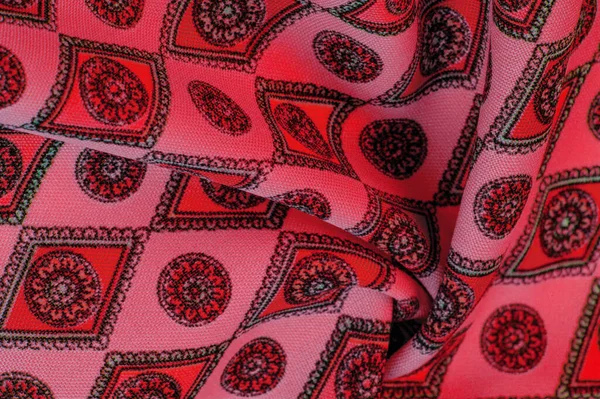 Silk Fabric Soft Red Color Print Rhombuses Squares Medals Tell — Stock Photo, Image