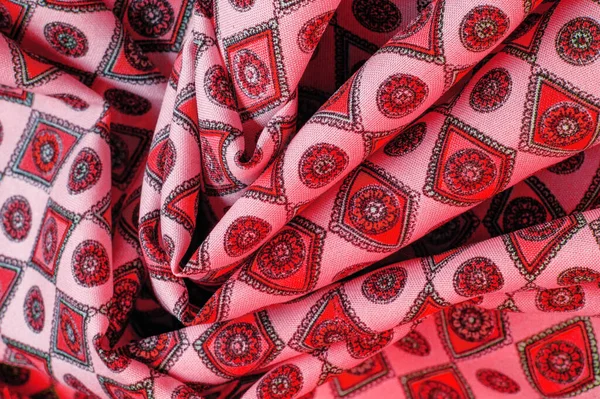 Tecido Seda Cor Vermelha Suave Com Uma Impressão Losango Quadrados — Fotografia de Stock