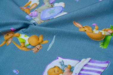 cotton fabric with a print of a children's drawing of toy bunnies. Floral Pattern, Rabbits, Love, Mint, Green, Girl, Boho, Petal Printed. Signature cotton fabric. Design Patchwork Quilt Decor Crafts