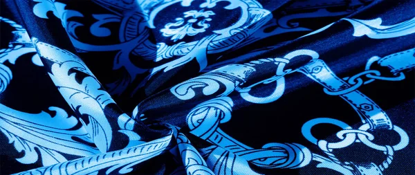 Синий Белый Шелк Монограммой Изысканный Узор Филигранной Ткани Текстура Фон — стоковое фото