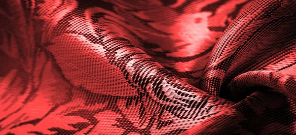 红色真丝面料 花纹花纹 外观美观 光泽独特 花纹斑纹 复合纺织品 救济模式 — 图库照片