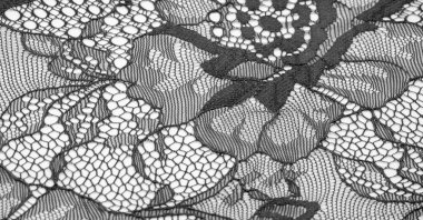 Beyaz arka planda siyah dantel kumaş. Süslü Afrika tüllü dantel kumaş polyester. Tasarımın için uzun boylu çiçekler. Doku. Geçmişi. Desen