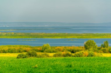 Yaz manzarası. Dünyanın Avrupa bölgesindeki bir nehir. Güneşli sıcak bir gün. Yeşil ağaçlar, çimenler. Mavi gökyüzü küçük bir bulut örtüsüyle.