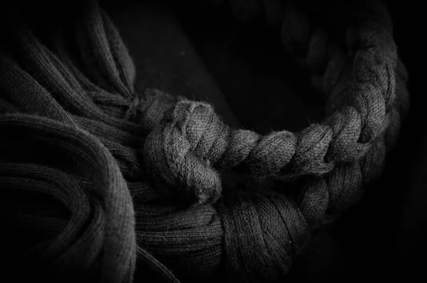 Fabric Black Braids Knitted Knitted Background Embossed Pattern Braids Knitting — Fotografia de Stock