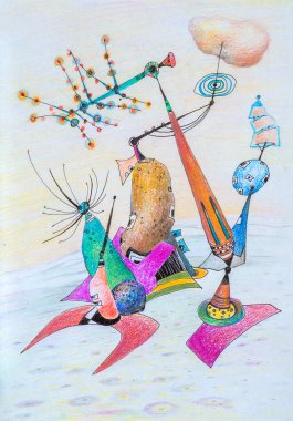 Picture. photo studio. Colored pencils are fantastic drawings. Magic geometric shapes. The fairy-tale world embodied by the artist in drawing to illustrate books, newspapers, etc.