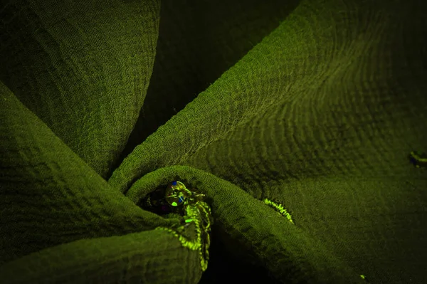 Silk Green Fabric Embellished Sequins Background Silk Satin Luxurious Texture — Stockfoto