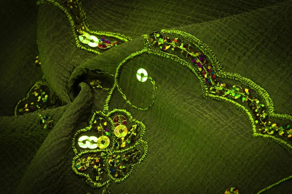 Silk Green Fabric Embellished Sequins Background Silk Satin Luxurious Texture — Stock fotografie