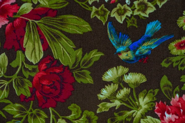 Cotton Fabric Wildflowers Red Green Brown Tones Solemnly Strict Laconic — стоковое фото