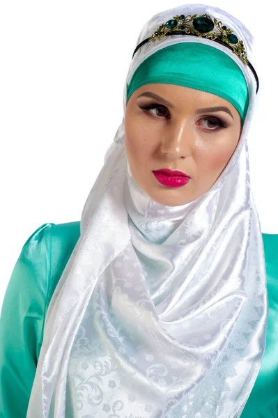 Modello Studio Foto Abbigliamento Musulmano Parola Araba Hijab Tradotto Letteralmente — Foto Stock