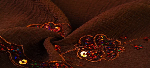 Seidenbraun Stoff Mit Pailletten Verziert Dieses Einzigartige Textil Hat Eine — Stockfoto