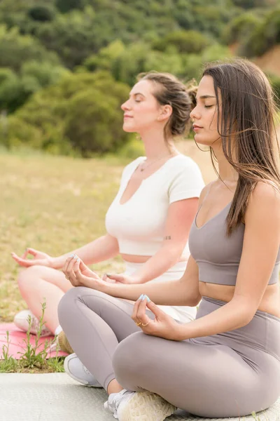 Two Attractive Fit Young Women Meditating Nature — Foto de Stock