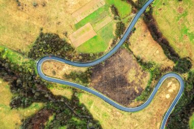 Dar ve dolambaçlı bir yolun havadan görünüşü, güzel ormanlık Karpatlar, harika bahar manzarası, açık hava turizm arka planı, Transcarpathia, Ukrayna