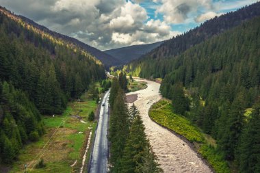 Ormanın ve dağların havadan görünüşü, Karpatlar, güzel manzara. Turizm, seyahat, Ukrayna